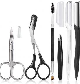 Eyebrow Trimmer Kit, 6 in 1 Eyebrow Scissors, Tweezer, Eyebrow Razor, Shaping Scissors & Brush for Women